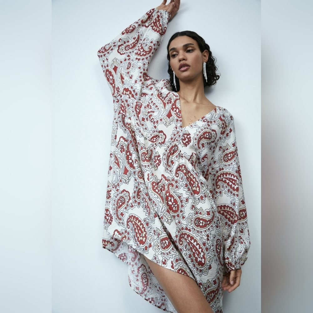 NWT H&M Boho Red & Cream Paisley Print A-Line Oversized Dress - Women's XS